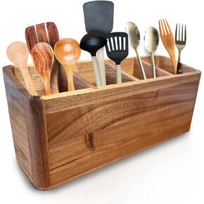 Large Kitchen Utensil Holder Organizer for Counter or Countertop, Large Wooden Utensil Holder for Storage Cooking and Silverware, Acacia Rustic Wood Container Large (Acacia 4 Compartments)
