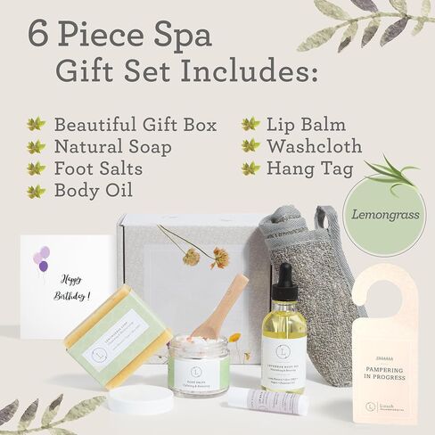 Lizush Lemongrass 6-Piece Spa Gift Set for Women - Relaxing Self-Care Basket, Luxury Handmade Body Care Items for Premium Relaxation - Happy Birthday in Saudi Arabia