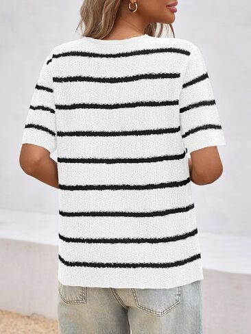Saodimallsu Womens Summer Short Sleeve Sweater Tops Striped V Neck T Shirts Casual Loose Fit 2025 Trendy Knit Top in Saudi Arabia