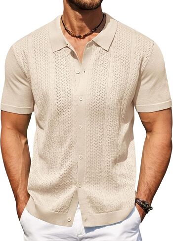 COOFANDY Mens Knit Polo Shirts Short Sleeve Button Down Shirts Casual Crochet Shirt Summer Vintage Polo in Saudi Arabia