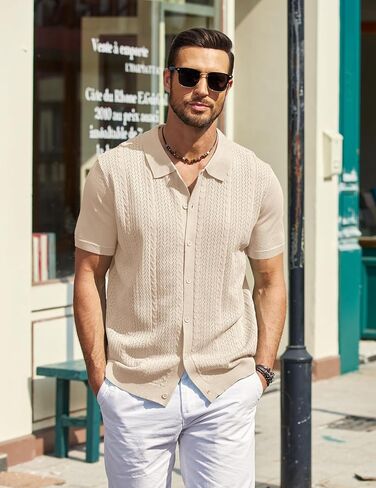 COOFANDY Mens Knit Polo Shirts Short Sleeve Button Down Shirts Casual Crochet Shirt Summer Vintage Polo in Saudi Arabia