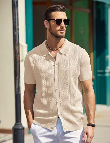 COOFANDY Mens Knit Polo Shirts Short Sleeve Button Down Shirts Casual Crochet Shirt Summer Vintage Polo in Saudi Arabia