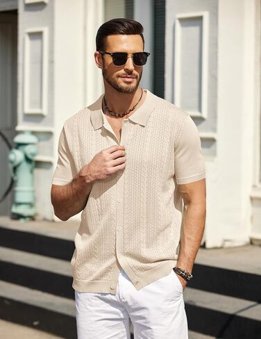 COOFANDY Mens Knit Polo Shirts Short Sleeve Button Down Shirts Casual Crochet Shirt Summer Vintage Polo in Saudi Arabia