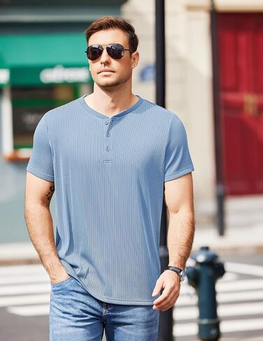 COOFANDY Mens Henley Shirts Short Sleeve Henley T Shirts Casual Basic Button Tees Fashion Band Collar T-Shirts in Kuwait