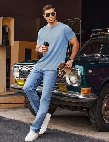COOFANDY Mens Henley Shirts Short Sleeve Henley T Shirts Casual Basic Button Tees Fashion Band Collar T-Shirts in Kuwait