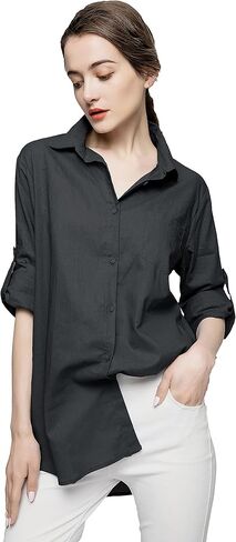 Minibee Women's Linen Blouse High Low Shirt Roll-Up Sleeve Tops in Kuwait