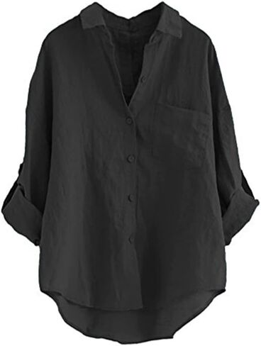 Minibee Women's Linen Blouse High Low Shirt Roll-Up Sleeve Tops in Kuwait