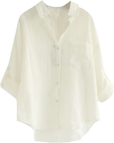 Minibee Women's Linen Blouse High Low Shirt Roll-Up Sleeve Tops in Kuwait