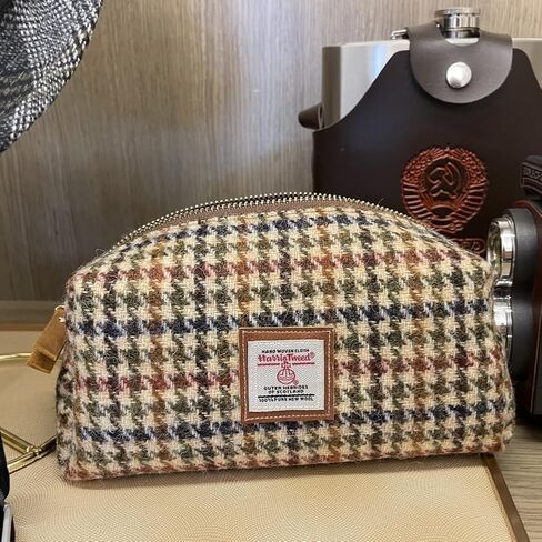 Harris Tweed Wool Cosmetic Bag, Large Capacity Scottish Tartan Handmade Makeup Organizer, Stain-Resistant Travel Toiletry Pouch for Women (Yellow) in Kuwait
