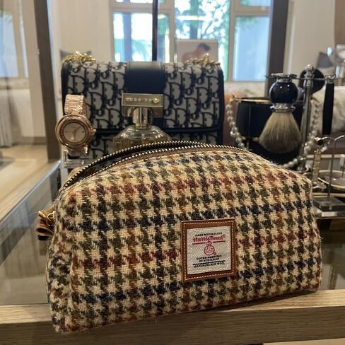 Harris Tweed Wool Cosmetic Bag, Large Capacity Scottish Tartan Handmade Makeup Organizer, Stain-Resistant Travel Toiletry Pouch for Women (Yellow) in Kuwait
