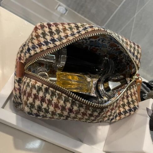 Harris Tweed Wool Cosmetic Bag, Large Capacity Scottish Tartan Handmade Makeup Organizer, Stain-Resistant Travel Toiletry Pouch for Women (Yellow) in Kuwait
