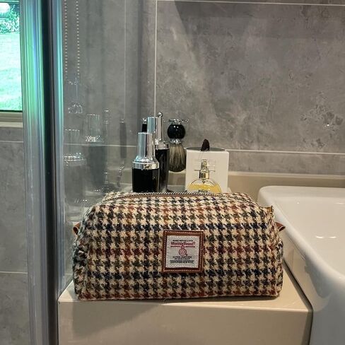 Harris Tweed Wool Cosmetic Bag, Large Capacity Scottish Tartan Handmade Makeup Organizer, Stain-Resistant Travel Toiletry Pouch for Women (Yellow) in Kuwait