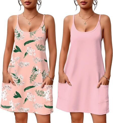 Ekouaer 2 Pack Sleeveless Nightgowns for Women with Pockets Spaghetti Strap Dress Racerback Chemise Sexy Night Gowns S-2XL in Saudi Arabia