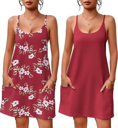 Ekouaer 2 Pack Sleeveless Nightgowns for Women with Pockets Spaghetti Strap Dress Racerback Chemise Sexy Night Gowns S-2XL in Saudi Arabia