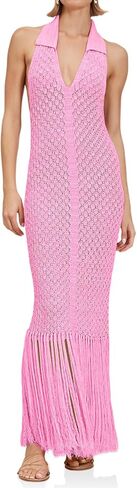 Saodimallsu Womens Halter Crochet Cover Up Fringe Sexy Sexylessless Likenveless v Neck Collared Vacation Beach Maxi Dress in Kuwait
