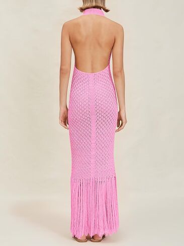 Saodimallsu Womens Halter Crochet Cover Up Fringe Sexy Sexylessless Likenveless v Neck Collared Vacation Beach Maxi Dress in Kuwait