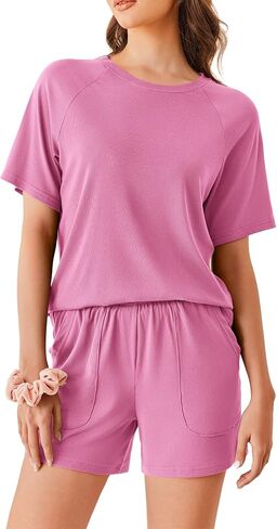 Ekouaer Women Pajama Sets Ribbed Knit 2 Piece Lounge Set Short Sleeve Pjs Summer Loungewear Sleepwear with Pockets in Saudi Arabia