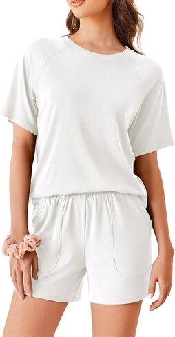Ekouaer Women Pajama Sets Ribbed Knit 2 Piece Lounge Set Short Sleeve Pjs Summer Loungewear Sleepwear with Pockets in Saudi Arabia