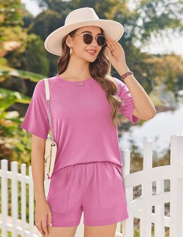Ekouaer Women Pajama Sets Ribbed Knit 2 Piece Lounge Set Short Sleeve Pjs Summer Loungewear Sleepwear with Pockets in Saudi Arabia