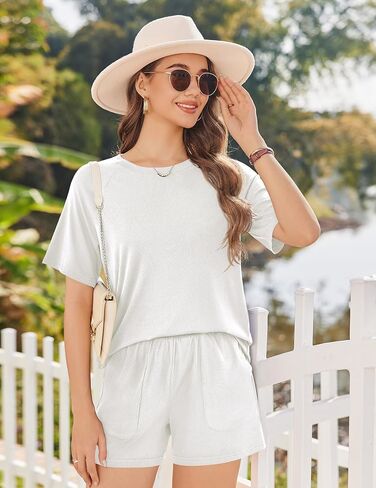 Ekouaer Women Pajama Sets Ribbed Knit 2 Piece Lounge Set Short Sleeve Pjs Summer Loungewear Sleepwear with Pockets in Saudi Arabia