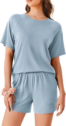 Ekouaer Women Pajama Sets Ribbed Knit 2 Piece Lounge Set Short Sleeve Pjs Summer Loungewear Sleepwear with Pockets in Saudi Arabia