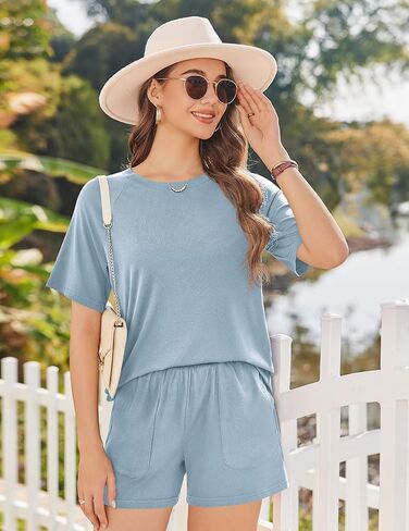 Ekouaer Women Pajama Sets Ribbed Knit 2 Piece Lounge Set Short Sleeve Pjs Summer Loungewear Sleepwear with Pockets in Saudi Arabia