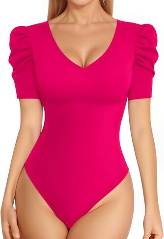 MANGOPOP Women's Bodysuit Deep V Neck Puff Short Sleeve Slim Fit Body Suits Casual Blouse Tops Elegant in Kuwait