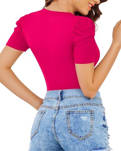 MANGOPOP Women's Bodysuit Deep V Neck Puff Short Sleeve Slim Fit Body Suits Casual Blouse Tops Elegant in Kuwait