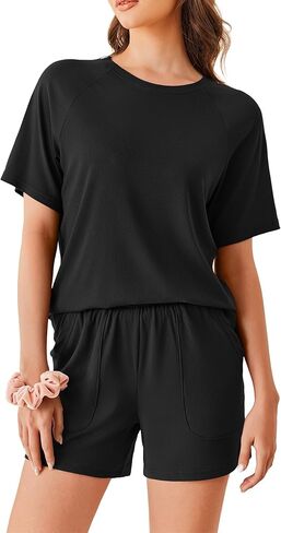 Ekouaer Women Pajama مجموعات متماسكة مضلعة 2 قطعة صالة مجموعة قصيرة الأكمام PJS صيف الملابس ملابس الملابس مع جيوب in Saudi Arabia