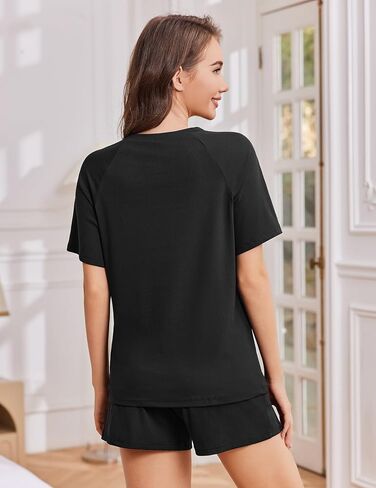 Ekouaer Women Pajama مجموعات متماسكة مضلعة 2 قطعة صالة مجموعة قصيرة الأكمام PJS صيف الملابس ملابس الملابس مع جيوب in Saudi Arabia