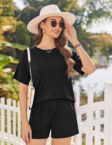 Ekouaer Women Pajama مجموعات متماسكة مضلعة 2 قطعة صالة مجموعة قصيرة الأكمام PJS صيف الملابس ملابس الملابس مع جيوب in Saudi Arabia