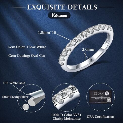 Moissanite Engagement Rings for Women,925 Sterling Silver Stackable Rings,18K White Gold Plated Lab Created Diamond Ring, Ideal Gift for Women,Band Size 3-12 (B-0.3ct（1.5mm）, 6) in Kuwait