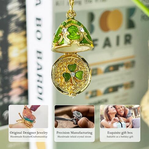 Clover Pendant Necklace for Women Handmade Enamel Easter Gifts for Women Snowflake Sweater Chain Openable Red Heart Egg Necklace CZ zircon Adjustable Necklace Gift for Wife Daughter in Kuwait