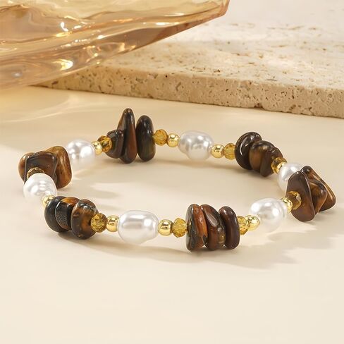 Dainty Natural Crystals Beaded Pearl Stretch Bracelet for Women,Handmade Boho Healing Gemstone Gold Plated Beads Trendy Hawaii Jewelry Mom Gift Friendship in Kuwait