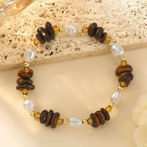 Dainty Natural Crystals Beaded Pearl Stretch Bracelet for Women,Handmade Boho Healing Gemstone Gold Plated Beads Trendy Hawaii Jewelry Mom Gift Friendship in Kuwait