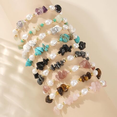 Dainty Natural Crystals Beaded Pearl Stretch Bracelet for Women,Handmade Boho Healing Gemstone Gold Plated Beads Trendy Hawaii Jewelry Mom Gift Friendship in Kuwait