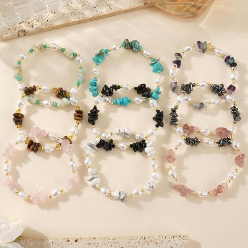 Dainty Natural Crystals Beaded Pearl Stretch Bracelet for Women,Handmade Boho Healing Gemstone Gold Plated Beads Trendy Hawaii Jewelry Mom Gift Friendship in Kuwait