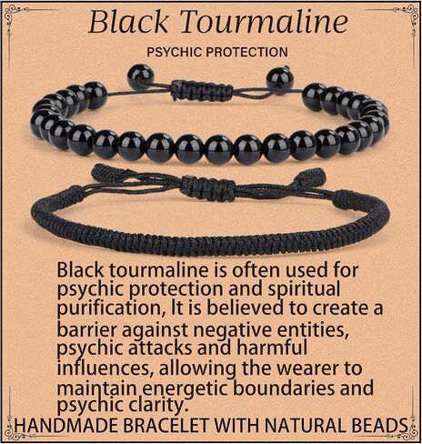 LPBeads 6mm Black Tourmaline Bracelet with Handmade Rope Bracelet Size Adjustable Natural Stone Crystal Healing Bracelets Gifts for Unisex Adults in Kuwait