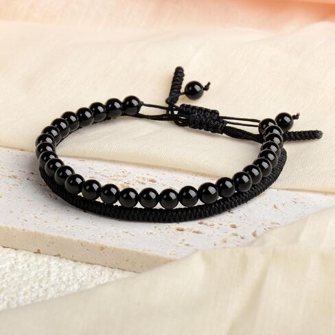 LPBeads 6mm Black Tourmaline Bracelet with Handmade Rope Bracelet Size Adjustable Natural Stone Crystal Healing Bracelets Gifts for Unisex Adults in Kuwait