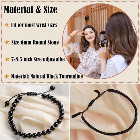 LPBeads 6mm Black Tourmaline Bracelet with Handmade Rope Bracelet Size Adjustable Natural Stone Crystal Healing Bracelets Gifts for Unisex Adults in Kuwait