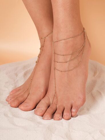Dainty Minimal Gold Barefoot Sandals Foot Feet Chain with Toe Ring Summer Jewelry for Women Trendy in Saudi Arabia