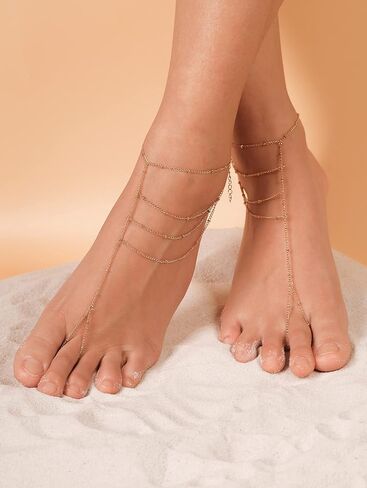 Dainty Minimal Gold Barefoot Sandals Foot Feet Chain with Toe Ring Summer Jewelry for Women Trendy in Saudi Arabia