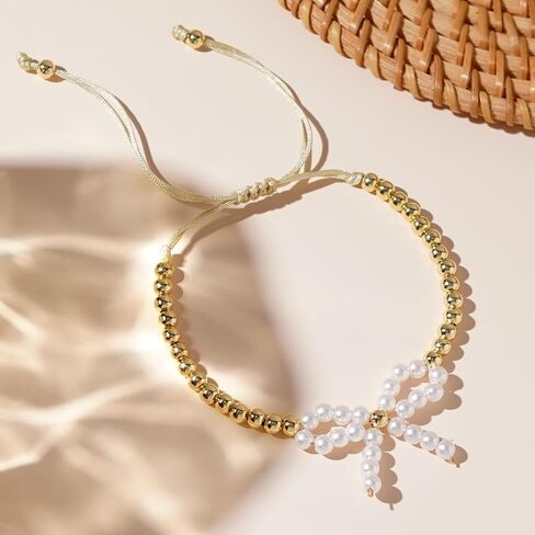 Bow Adjustable Bracelet for Women,Handmade Boho Gold Bead Ball Bowknot Bracelet Fashion Jewelry Gift in Saudi Arabia