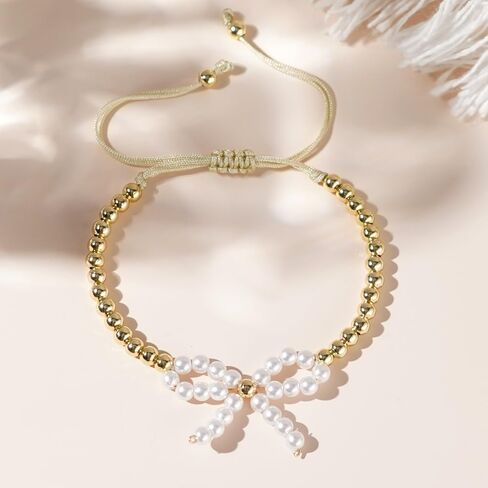 Bow Adjustable Bracelet for Women,Handmade Boho Gold Bead Ball Bowknot Bracelet Fashion Jewelry Gift in Saudi Arabia
