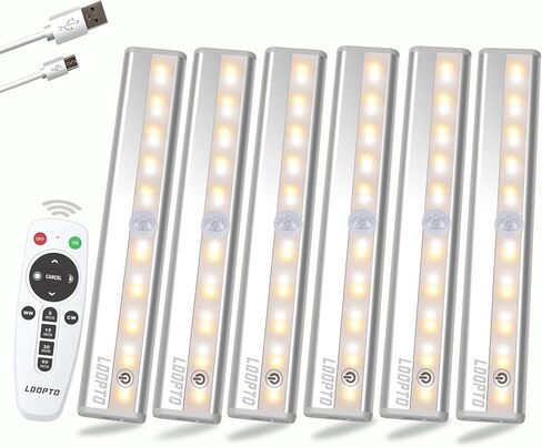 LDOPTO Under Cabinet Lighting Wireless 6 Pack, Remote Control LED Dimmable Closet Lights Rechargeable Battery Operated Lights, Stick on Touch Night Lights for Hallway Stairs Pantry Kitchen 3 Colors in Kuwait
