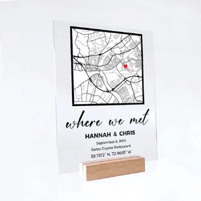 Where We Met Map Plaque with Wooden, Acrylic, Led Light Stand - Couple Map, Gift for Her, Acrylic Plaque, Custom Location, Gift for Him, Couples Gift