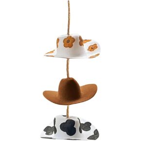 Western Cowboy Hat Car Charm, Country Car Rear View Mirror Sunflower Cowgirl Hat Cow Print Hanging Accessories, Cute Handmade Felt Mini Car Decor Interior Hat Ornament Pendent for Women Man