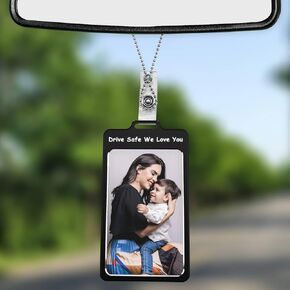 Car Rearview Mirror Hanging Metal Photo Frame, Drive Safe Cute Mini Picture Holder Frames, Car Rear View Mirror Decor Accessories (Black - Drive Safe)