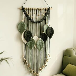 Macrame Leaf Wall Hanging, Boho Feather Tapestry with Wooden Beads, Handmade Green and White Bohemian Decor for Bedroom, Living Room, or Office