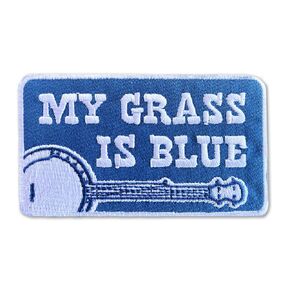 My Grass Is Blue Embroidered Banjo Bluegrass Patch - Iron-On Patch 3.5" x 2"